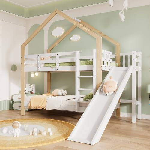 Aoskem Kinderbett Etagenbett 90x200 cm für 2 Kinder, Hochbett Hausbett mit Leiter & Rutsche, Holzbett Bettgestell mit Rausfallschutz & Lattenrost, Jugendbett, Ohne Matratze, Massivholz, Weiß+ Natur
