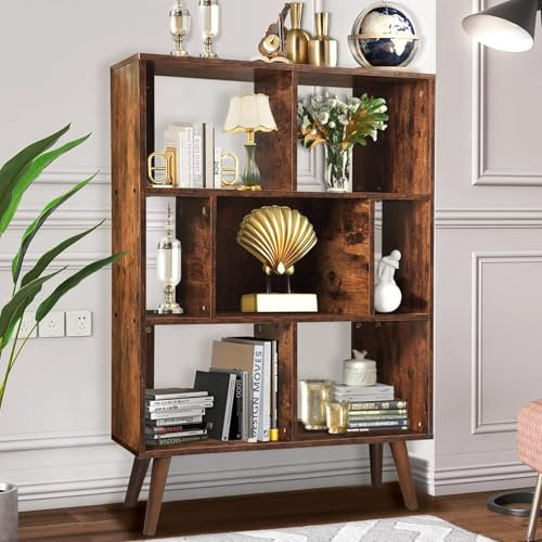 Mid Century Modernes Bücherregal - 7 Würfel Retro Bücherregal, 3 Etagen Offenes Regal Mitte Jahrhundert Bücherregal, Walnuss Dunkles Holz Rustikale Bücherregale für Wohnzimmer Schlafzimmer, Stabiles