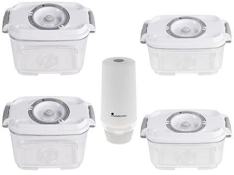 MasterPRO Set 4 contenitori sottovuoto (2+2 Contenitori 500ml/800ml) + estrattore sottovuoto elettrico, conservazione alimenti, congelatore e microonde, BPA Free, made in EU