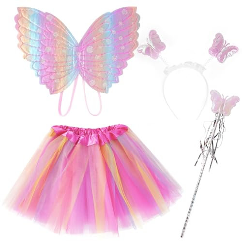 AUYAO Jupe Buste Enfant, 4 Pcs Robe Princesse Fille avec Ailes de Papillon, Couronne, Jupe Tutu et Baguette Magique, Robe de Soirée, Déguisements Cosplay, Déguisement Carnaval Noël Cosplay