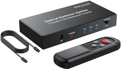 PROZOR Divisor Óptico 3 Entradas 2 Salidas SPDIF Toslink, Conmutador Splitter con Control Remoto IR Divisor de Audio Aleación de Aluminio Compatible con LPCM2.0 DTS Dolby-AC3 para Soundbar Blu-Ray PS4