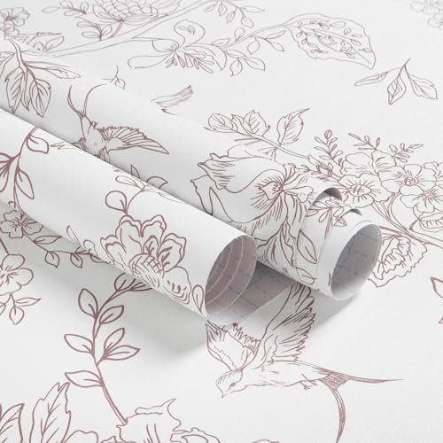 Froluya White and Red Floral Wallpaper Vintage Peel and Stick Wallpaper 16.9x118.1 Boho Self Adhesive Removable Contact Paper for Bedroom Flowers Birds Wall Paper Peel and Stick for Cabinets Vinyl