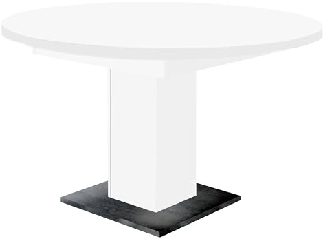 Kulissentisch >Judd< ausziehbar von 104 cm auf 144 cm, in weiß matt mit schwarzstahl Bodenplatte, elegantes Design und praktische Einlegeplatte, zerlegt geliefert, ideal für kleine Essbereiche