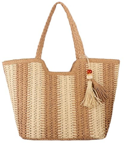 Beskie Straw Bag for Women,Tote Large Beach, Summer Shoulder Bags with Zip, Lightweight Straw Beach Tote Bag Summer Boho Travel Shoulder Bag Handbags for Pool Beach Vacation Holiday Overnight Party