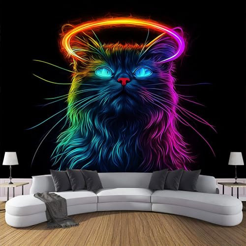 MIATCENRT Neon Cat Wallpaper Wall Mural, 3D Effect Textured Dreamlike Photo Wallpaper, 450x315cm (WxH) Silk Cloth Art Roll Wallpapers Wall Covering, for Living Room Bedroom