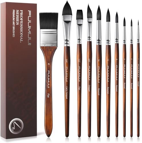 Fuumuui Pinceaux Aquarelle Professionnel - 10 Pinceaux d'artiste avec Pinceau Plat pour Aquarelle, Pinceaux Poil d'écureuil synthétique pour Un Flux Constant et Grande Absorption | Watercolor Brushes