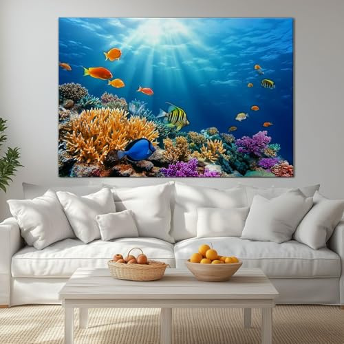 Leinwand Wandkunst Unterwasserwelt Verschiedene Fische Art Print, Panorama Leinwand Bild XXL Kunstwerk - Home Wohnzimmer Wohnung Wanddekoration Kunstdrucke 120 x 80 cm