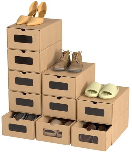 Hebitod Aufbewahrungsboxen mit Sichtfenster, 10er Set, 33x30x35 cm, Stapelbare Schuhkartons aus Pappe, Schuhbox Spielzeug-Box Aufbewahrung für Zubehör & Accessoires, Braun