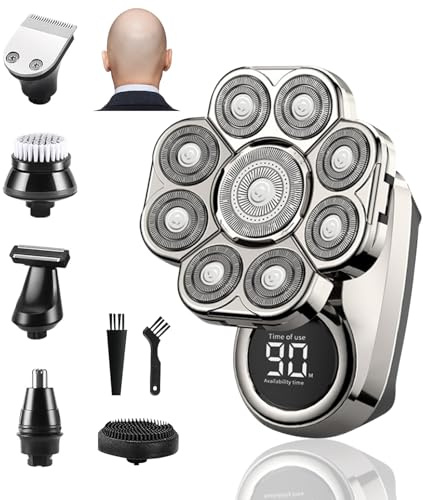 Glatzen Rasierer Herren Elektrisch, IPX6 Wasserdicht 9D Flexibler Glatzenrasierer, 6 in 1 Kopfrasierer Glatze, Nass und Trocken Kopfrasierer für Glatze mit LED-Anzeige, Leicht zu Reinigen