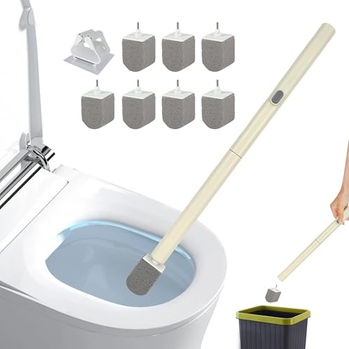 Rwotlls Pumice Stone Toilet Bowl Cleaner with 20 Ultra Long Handle, Push-Button Replaceable Head Hard Water Ring Stain Remover for Bathroom, Bathtub, Pool, Kitchen Sink Cleaning, 7 Pack (gray)