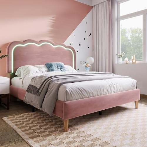 VIEKOS Letto imbottito a LED, 140 x 200 cm, letto matrimoniale, struttura del letto con rete a doghe e testiera regolabile, letto imbottito, colore rosa, per camera da letto, camera degli ospiti
