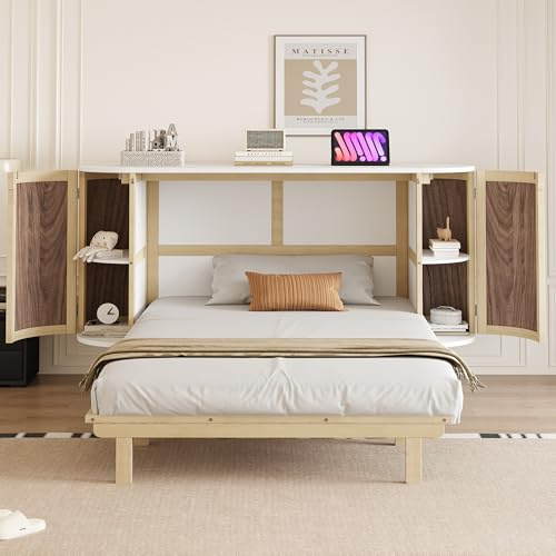 Lexiou Schrankbett 140 x 200 cm, Wandbett mit Lattenrost, Wandklappbett, vertikales schrankbett mit Lattenrost, mit Staufächern, Rattan-Design, Holzbetten, Jugendbetten, Einzelbetten (Holzfarbe)