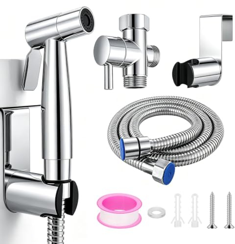 Handheld Toilet Bidet Douche Shower Sprayer Kit with 1.5m Hose & T-Adapter | 304 Stainless Steel Leak-Proof Bidet Attachment for UK Toilet Cloth Diaper Washer Handheld Jet Spray Muslim Shower for Toilet