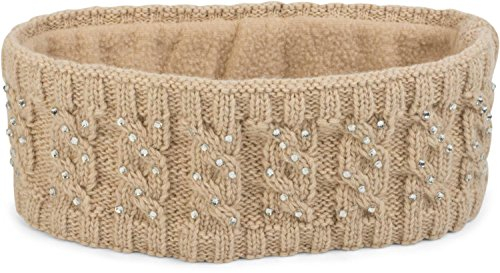 styleBREAKER Damen Stirnband mit Zopfmuster und Strass, weiches Fleece Innenfutter, Haarband, Headband 04026001, Farbe:Beige