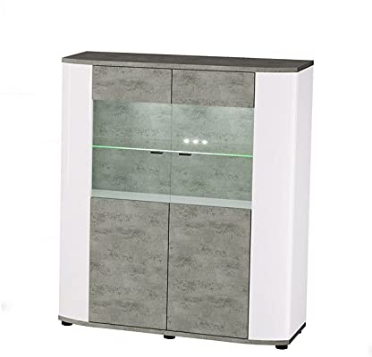 Froschkönig24 Bradford 2 Kleine Vitrine Wohnzimmer Schrank Hochglanz Weiß/Betonoptik