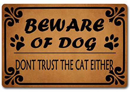 Eureya Beware of Dog Don't Trust The Cat Either Funny Door Mat Custom Doormat Entrance Floor Mat Home Office Welcome Mat 23.6x15.7inch