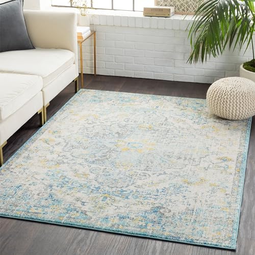 Livabliss Asmara Vintage Rug for Living Room, Dining & Kitchen 160x220 cm, Traditional Boho Design, Multicoloured Blue and Mustard, Easy Care Pile, Large Floor Covering