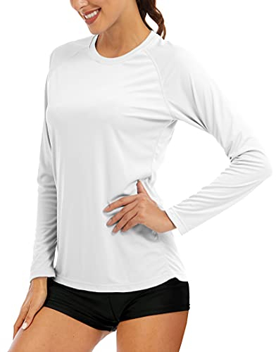 MAGCOMSEN Camisetas de verano para mujer, de secado rápido, protección solar, de manga larga, multicolor, ligera, funcional, para correr, senderismo, pesca, camisetas, Blanco, L