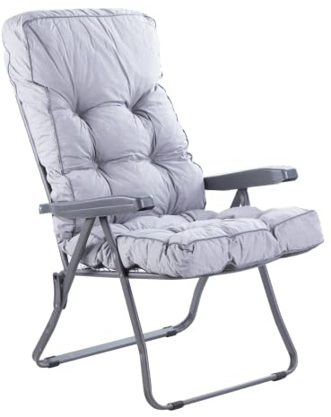 Alfresia Garden Recliner - Charcoal Chair with Classic Cushion - Adjustable Reclining Outdoor, Foldable Garden Chair - Choice of Cushion Prints (Grey)