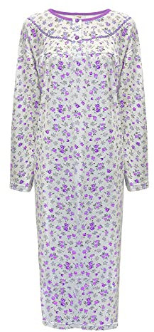 i-Smalls Women's Thermal Nightdress 100% Brushed Cotton Button Front Long Length Nightie L to 3XL (XXL) Purple