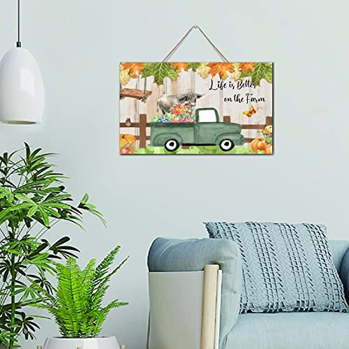 NABRAND Letrero de pared de palé de madera con texto en inglés Life Is Better on The Farm, letrero de madera para decoración de baño, letreros de madera pintados con hojas de arce pintadas, cosecha