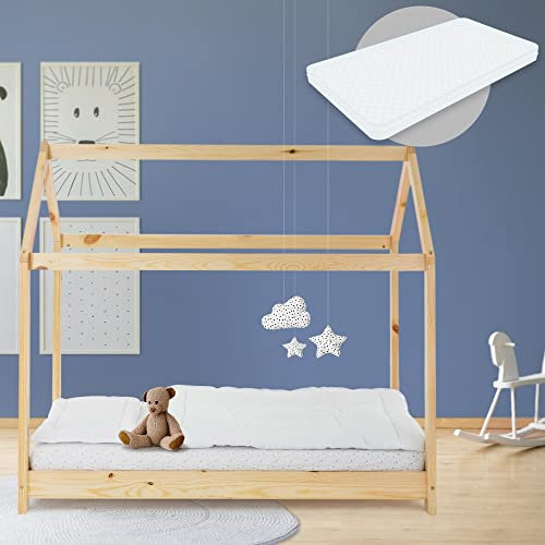 ML-Design Kinderbett 80 x 160 cm Natur mit Matratze, Dach und Lattenrost, Hausbett für Mädchen und Jungen, Kinderhaus aus Kiefernholz, Bodenbett Jugendbett, Kinder Bett, Bettenhaus Spielbett Holzbett