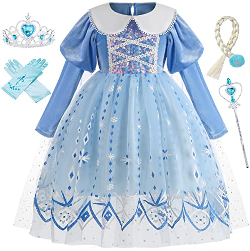 IWFREE Elsa Déguisement Fille la Reine des Neiges Costume Robe de Princesse avec Cape pour Cosplay Noël Carnaval Halloween Fête Anniversaire Enfant Paillettes Robe de Soirée et Accessoires Bleu 09