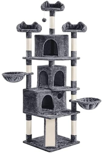 Abician Arbre à Chat Tour d'escalade XXL, 194 cm, avec 3 Niches/3 Plateformes/2 Paniers/Poteaux en Sisal/Perchoirs, Multiniveau, Intérieur, pour 3-4 Chats, Gris foncé