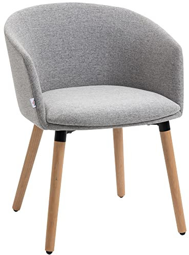 HOMCOM Silla de Comedor Butaca de Salón Tapizada en Lino Sintético con Reposabrazos y Patas de Madera para Oficina Dormitorio Carga 120 kg 57x56x72 cm Gris