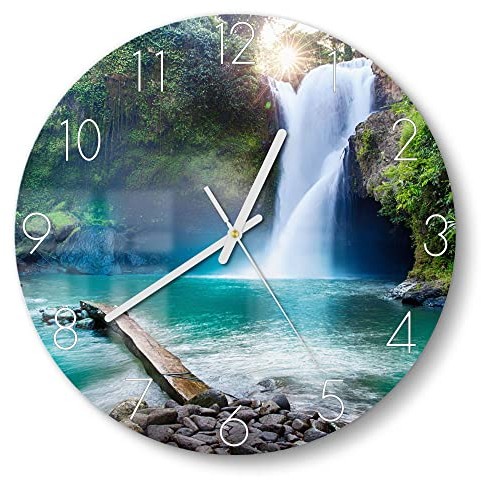 DEQORI Glasuhr | rund Ø 30 cm | Motiv Tegenungan Wasserfall | ausgefallene leise Design Uhr aus Glas | Wanduhr für Wohnzimmer & Küche | moderne Hingucker Uhr für die Wand