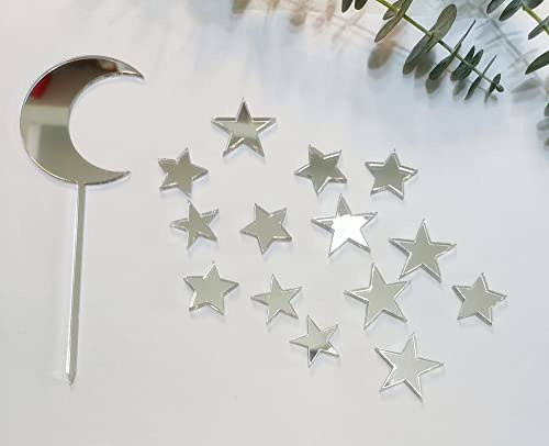 Set of 15 Acrylic Moon Star Cake Toppers,Mirrored Twink Star Cake Decoration for Kids Babyshower Birthday Party Supplies