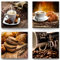4 große moderne Leinwand-Bilder zur Dekoration im Set - jedes Bild ist 50x50cm - ideale Wanddekoration für Küchen, Esszimmer, Restaurant - braune quadratische Bilder von Kaffee, Frühstück, Set-D