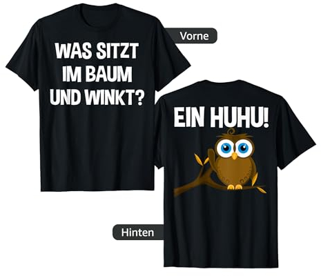 Lustige Spaßige Eulen - Was sitzt im Baum und Winkt? Ein HUHU T-Shirt - Unisex Erwachsene - Schwarz - S - Kurzarm - Klassisch mit humorvollem Eulen-Design