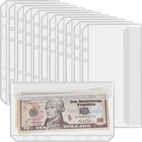 UMSICHT 12 x A6-Ordnertaschen ohne Reißverschlüsse, Budget-Umschläge mit Deckel, A6-Ordnertasche für 6-Ringordner, Geldordner, Organizer, transparente PVC-Umschläge, 12 Stück