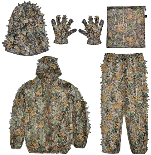 Morwealth 3D Ghillie Tarnanzug Dschungel Ghillie Suit, Leafy Suit für die Jagd, Jagdausrüstung einschließlich Jagdkleidung, Jagdhandschuhe, Leafy Gesichtsmaske und Tasche (M)