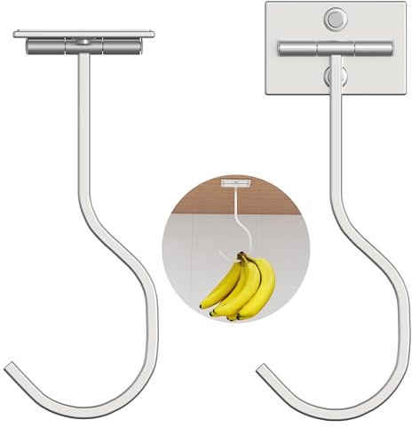 Paquete de 2 ganchos autoadhesivos para plátanos, gancho de metal para colgar plátanos o artículos de cocina, gancho plegable para plátanos, se pliega con imanes cuando no está en uso, mantiene los
