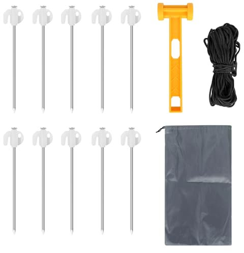 Heavy Duty Tent Pegs, 10Pcs Tent Pegs Metal for Hard Stony Ground with Mallet, for Tent & Awning, Long Steel Ground Stakes Metal Tent Pegs With Storage Bag, Hiking Trip Outdoor