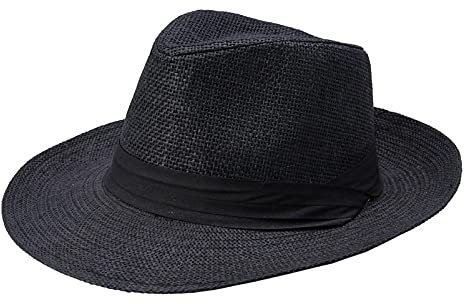 CHNNO1 Sommer Unisex Strohhut Jazz Sonnenhut breite Krempe Hut mit Band Dekoration Strand Pure Fedora Hut Herren Damen UV-Schutz Hut, Schwarz , 1-5