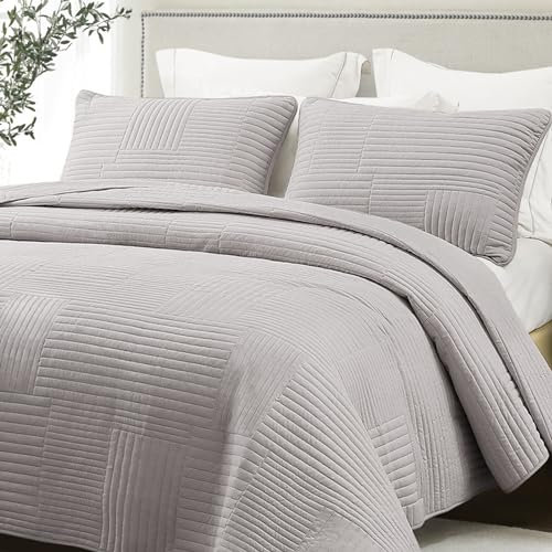 Whale Flotilla Tagesdecke Bettüberwurf 260x280 cm, Bedspreads aus Mikrofaser mit 2 Kissenbezüge, Weiche und Leichte Steppdecke mit Streifenmuster für alle Jahreszeiten, Hellgrau