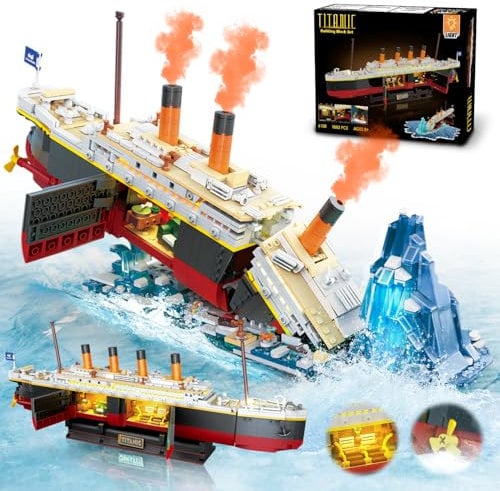 INSOON 2 in 1 Titanic Bauspielzeug mit LED Licht, 1883 Stück Titanic Schiff 3.6mm Mini Baukasten mit Gletscher, Schiff Modell Klemmbausteine Spielzeug, Geschenk für Erwachsene Jungen Mädchen 8-12+