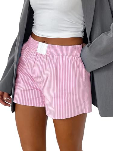 YILEEGOO Short de pyjama à rayures et à carreaux pour femme - Taille élastique - Pantalon de détente - Short de plage - Jambe large - Boxer Boyshort, rose, S