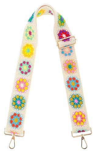 Yolev Verstellbarer Schulterriemen für Taschen Boho Schultergurt Boho Länge 74,5-130 cm Beige Ersatz Taschengurt für Geldbörsen Gehäkelt Blumenmuster 5cm Breit Gitarrengurt für Damen Frauen