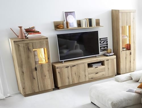 möbelando Wohnwand >Delamar< (4-teilig) in Coast Evoke Eiche Dekor - 328x197x40 (BxHxT)