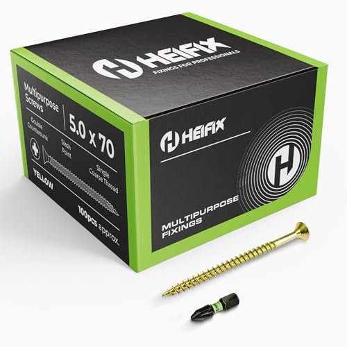 Heifix Multi-Purpose Wood Screws Pozi Double Countersunk - FREE Screw Bit Included (QTY 100, 5mm x 70mm)