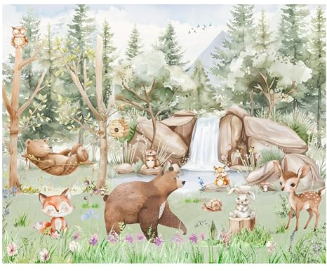 Fototapete Kinderzimmer, Wald, Waldtiere Bäume, Tapeten für Kinder Babyzimmer Vlies Tapeten wandtapete Mädchen und Jungen. Tapete nach Maß 1m2