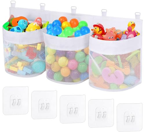 Omevett Bath Toy Storage Net Bag Bathroom Toy Storage Hanging Organiser Bag with 3 Compartment Large Openings Quick Dry Storages Net for Mesh Bath Toys Bathtub Toy Storages and Classification