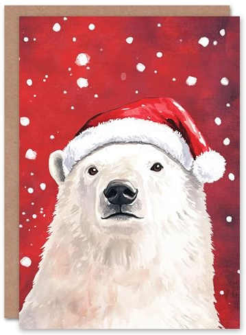 Artery8 Santa Hat Polar Bear in Snow Blank For Him Or Her Art Xmas Festive Christmas Card