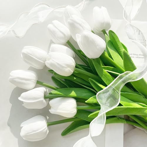 ROLLWAY 12 PCS Künstliche Tulpen wie echt, Latex Tulpen Künstlich Weiß, Kunstblumen Frühling Unechte Tulpen Deko, Kunsttulpen Fake Tulpen Real Touch Faux Tulpen für Hochzeitsstrauß Home DIY Deko
