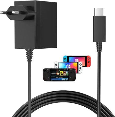 45W Cargador para Nintendo Switch Lite/OLED/Deck Dock Switch Pro Controller, Adaptador de Corriente con Cable Switch de 1.5M/5FT Carga Rápida USB Tipo C/Soport a Modo TV