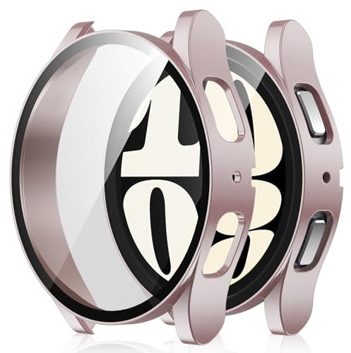 Amizee 2 Pièces Coque Compatible avec Samsung Galaxy Watch 6 40mm avec Protection Écran, Ultra Mince Étui Dur de Anti-Rayures Verre Trempé Écran Coque pour Galaxy Watch 6 (Or Rose/Clair)